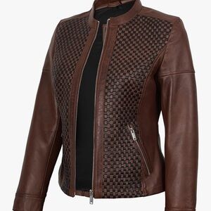 Brown Checkered Women's Leather Jacket